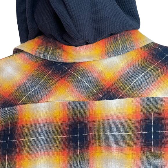 Nomad Orange Navy Plaid Flannel Button Up Waffle Knit Hood Mens MED Fall Casual - Picture 3 of 8